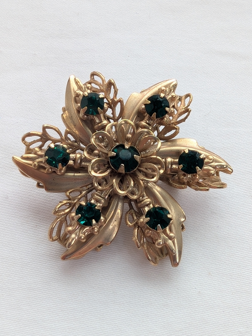 Gold Floral Brooch Emerald Green Rhinestones - 1950s Vintage Estate Jewelry